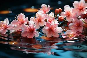 ai generiert schwebend Blütenblätter heiter Teich Blumen- Reflexionen, Frühling Session Fotos