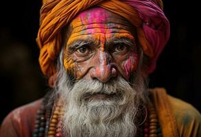 ai generiert Rajasthan Mann umarmt holi Farbe, holi Festival Bild herunterladen foto