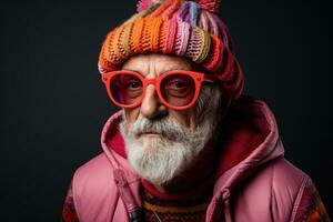 ai generiert Mann Umarmen Deckel Brille und ein voll Bart, glücklich aktiv Senioren Bilder foto