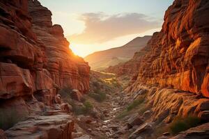 ai generiert Wüste Dämmerung Sonne glühen auf Schlucht texturiert Felsen, Sonnenaufgang und Sonnenuntergang Hintergrund foto