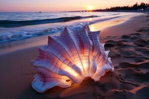 ai generiert golden Stunde Muschel ruhen auf sandig Strand, Sonnenaufgang und Sonnenuntergang Hintergrund foto