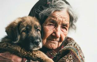 ai generiert Alten Frau hält süß Hündchen gegen Weiß Hintergrund, süß inländisch Haustier Bild foto