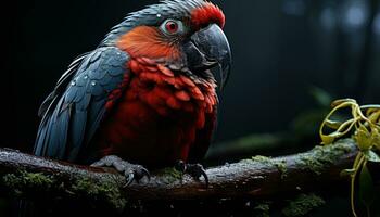 ai generiert ein Papagei auf ein Ast draußen, Haustier Fotografie foto