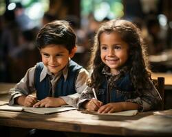 ai generiert glücklich Kinder mit Notizbücher entdecken das Welt von Schreiben, Bildung Bilder zum Webseite foto
