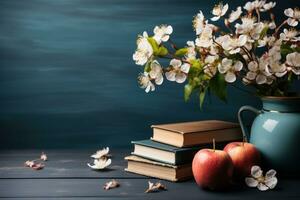 ai generiert feiern Lehrer Tag mit Blumen auf ein Tafel ausdrücken Dankbarkeit zu Pädagogen zum ihr Widmung und Einschlag auf Studenten, vielfältig Bildung und Lehrer Tag Bild foto