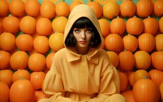 ai generiert kaukasisch Frau im Orange Kleid und Kapuze ist lächelnd mit Kürbis Hintergrund auf Halloween Urlaub. ai generiert foto