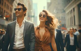 ai generiert kaukasisch jung Geschäftsleute Paar Liebhaber im bunt Orange Kleid und grau passen mit Sonne Brille ist lächelnd und glücklich auf Straße im Stadt. ai generiert foto