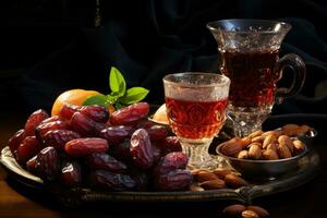 ai generiert hingeben im das perfekt Kombination von Termine und authentisch Multaqwa Arabisch trinken, eid und Ramadan Bilder foto