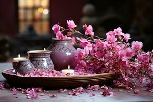 ai generiert Bougainvillea Jasmin und Wüste Rosen schmücken ein Mosaik Tisch, Engagement, Hochzeit und Jahrestag Bild foto