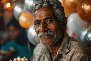 ai generiert indisch Mann und Geburtstag Luftballons, Bilder von Senior Bürger foto