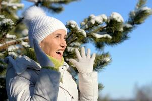 nett alt Frau im ein Pelz Mantel im das Winter foto