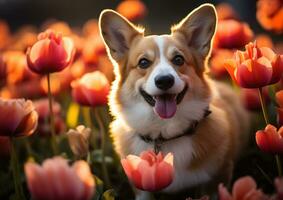 ai generiert ein süß Hund genießen bunt Tulpen im das Park, süß inländisch Haustier Bild foto