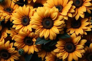 ai generiert Vielfalt Sonnenblumen Weberei ein Mosaik, Frühling Fotografie foto
