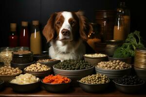ai generiert Hund mit Essen in der Nähe von Schalen, Tier Fotografie Bilder foto