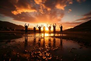 ai generiert jung freunde silhouettiert hoch temperamentvoll auf das Strand, Sommer- Landschaft Bild foto