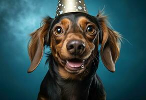 ai generiert Hund tragen Party Hut auf Blau Hintergrund, Tier Fotografie Bilder foto
