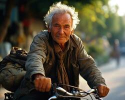 ai generiert Alten Gentleman Radfahren draußen, glücklich aktiv Senioren Bilder foto