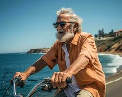 ai generiert Senior Mann entspannend Fahrrad, aktiv Senioren Lebensstil Bilder foto