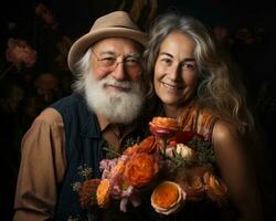 ai generiert Alten Duo halten Blume lächelnd beim Kamera, Bilder von Senior Bürger foto