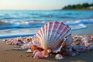 ai generiert sonnig Abend Gießen ein Palette auf ein Strand Hülse, Sommer- Landschaft Bild foto