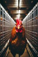 ai generiert Hühner im Käfige beim ein Hähnchen Bauernhof foto