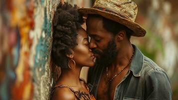 ai generiert jung afrikanisch amerikanisch Paar ist haben romantisch Momente foto