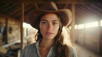 ai generiert jung Mädchen auf das Bauernhof tragen ein Cowboy Hut. generativ ai foto