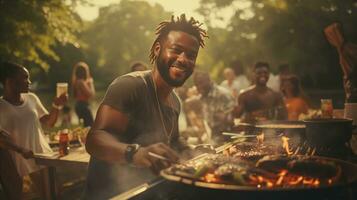 ai generiert afrikanisch amerikanisch Familie haben Grill zusammen foto