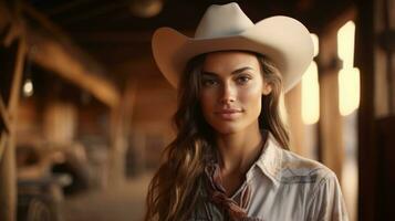 ai generiert jung Mädchen auf das Bauernhof tragen ein Cowboy Hut. generativ ai foto