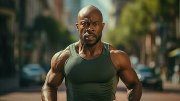 ai generiert sportlich afrikanisch amerikanisch Mann Laufen auf das Straße foto