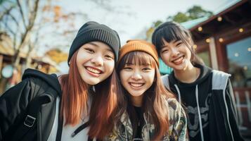 ai generiert Gruppe von freunde mit asiatisch Mädchen foto