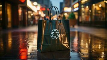 ai generiert ein Grün farbig Einkaufen Tasche mit ein recyceln Symbol foto