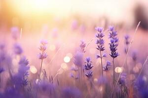 ai generiert verschwommen Sommer- Hintergrund von wild Gras und Lavendel Blumen. generativ ai foto