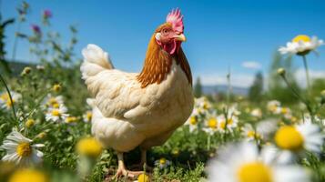 ai generiert ein groß Hähnchen steht im ein Wiese voll von Gänseblümchen foto