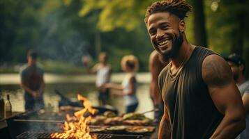 ai generiert afrikanisch amerikanisch Familie haben Grill zusammen foto