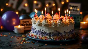 ai generiert ein Geburtstag Kuchen mit Verbrennung Kerzen foto