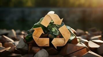 ai generiert Recycling Symbol 3d auf Müll foto