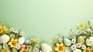 ai generiert Rahmen Hintergrund mit Ostern gemalt Eier mit Blumen auf Licht Grün Hintergrund. Banner mit Kopieren Raum. geeignet zum Ostern Förderung, Frühling Fall, Urlaub Gruß, Werbung foto