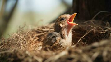 ai generiert jung Vogel im Nest mit öffnen Mund warten zu Sein gefüttert. foto