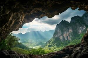 ai generiert Berg Landschaft Aussicht von Innerhalb das Höhle. schön Natur Szene, schön Bergspitze Landschaft Aussicht von ein groß Höhle, ai generiert foto