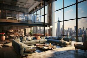 ai generiert Luxus Leben Zimmer Innere mit ein Panorama- Fenster mit Blick auf das Neu York Stadt. 3d Wiedergabe, ai generiert foto