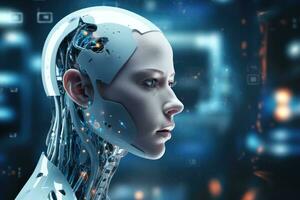ai generiert 3d Rendern weiblich Cyborg mit Schaltkreis Gehirn auf dunkel Blau Hintergrund, Hightech Roboter im ein Nahansicht Aussicht Porträt gegen ein Digital Hintergrund, ai generiert foto