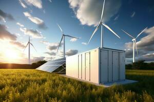 ai generiert Wind Turbinen im das Feld gegen Blau Himmel mit Wolken 3d Wiedergabe, konzeptionelle Bild von ein modern Batterie Energie Lager System mit Wind Turbinen und Solar, ai generiert foto