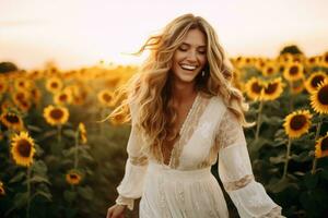 ai generiert schön Frau im Weiß Kleid auf Sonnenblume Feld beim Sonnenuntergang, ein Boho Hochzeit im ein Sonnenblume Feld, ai generiert foto