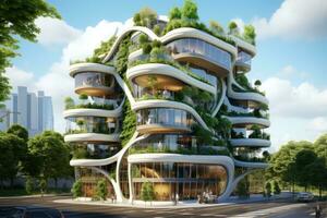 ai generiert 3d Rendern von ein modern Gebäude im das Stadt mit Grün Bäume, umweltfreundlich Gebäude im ein modern Stadt, ai generiert foto