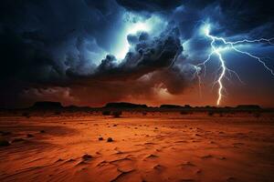 ai generiert stürmisch Himmel mit Blitz im Wüste. 3d machen Illustration, ai generiert foto