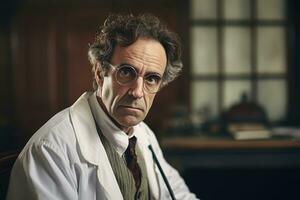 ai generiert Porträt von ein Senior männlich Arzt tragen ein Labor Mantel und Gläser, Porträt von ein reifen Arzt mit Brille, ai generiert foto