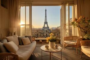 ai generiert Eiffel Turm im Paris, Frankreich. Aussicht durch das Fenster, ein schick Pariser Wohnung mit ein Balkon mit Blick auf das Eiffel Turm, ai generiert foto