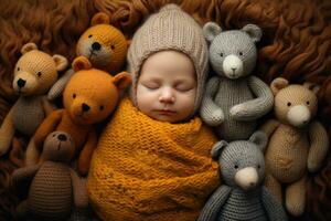 ai generiert Neugeborene Baby Junge Schlafen im gestrickt Kleider mit Teddy Bären, schön Neugeborene Schlafen mit gestrickt Spielzeuge, ai generiert foto