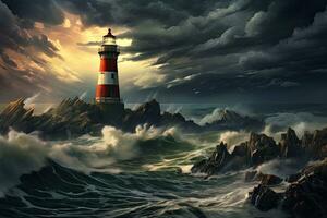 ai generiert Leuchtturm auf stürmisch Meereslandschaft. 3d Illustration, ai generiert foto